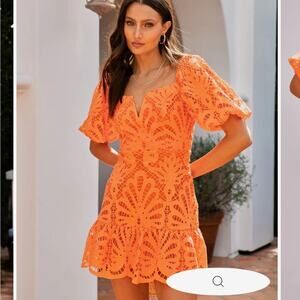 VICI Orange Lace Puff Sleeve Mini Dress Crochet Short Sleeve Off the Shoulders